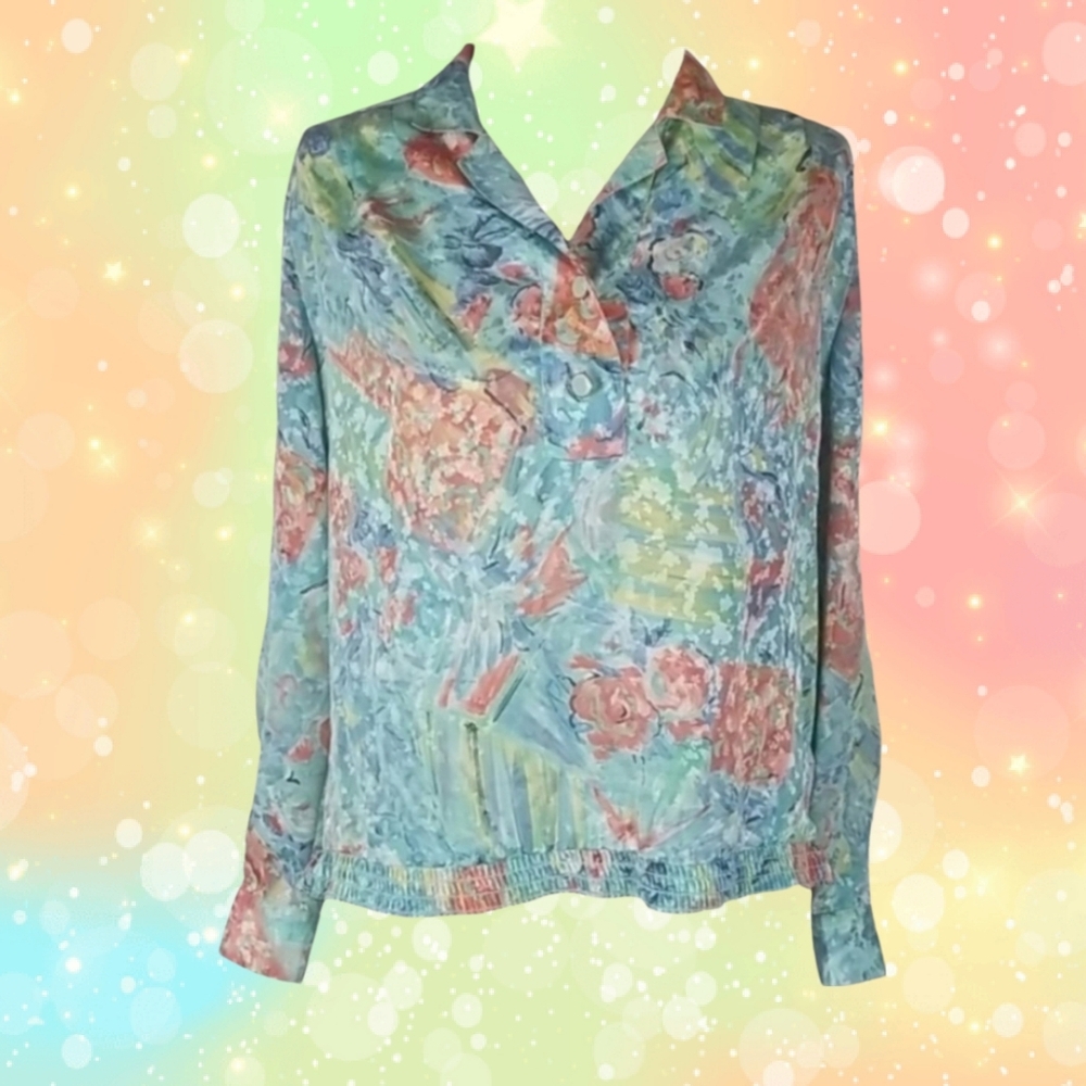 Philippe Marques Retro Pastel Blue Peach Floral Longsleeve Blouse, 10P
